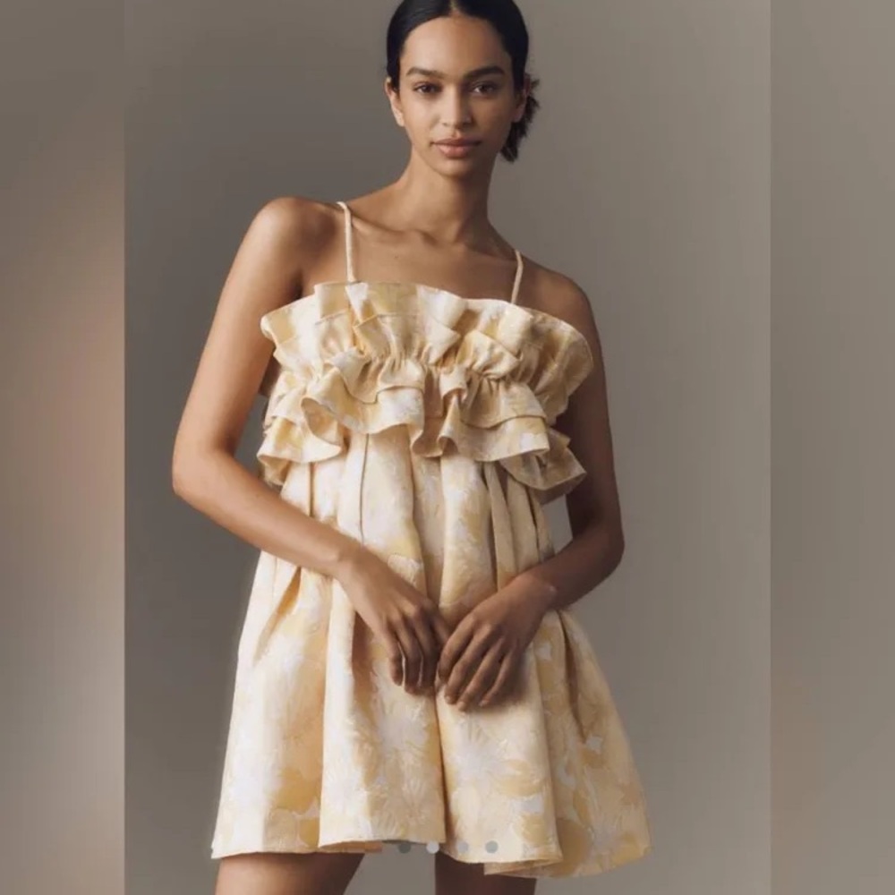 Anthropologie Pale Yellow Floral Ruffle Mini Dress